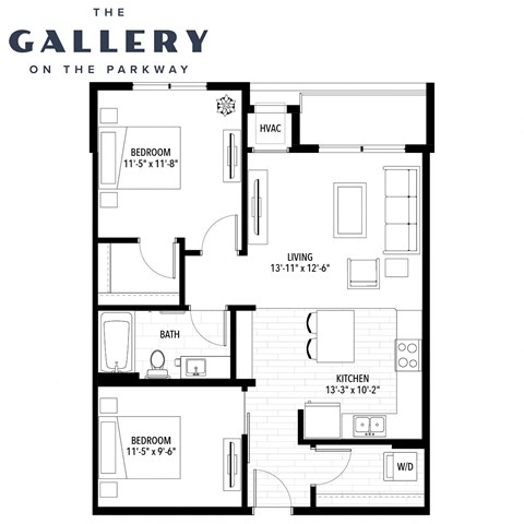 Floor plan for 1 bed, 1 bath, 875 sqft